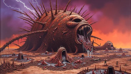 A massive, decaying titan of flesh and bone dominates a barren, ashen landscape, its body pierced by countless rusted spears and chains that stretch into the sky, tethering it to an unseen, oppressive force. The titan's skin is split open in places, revealing a writhing mass of bloodied, suffering bodies trying to escape from within, their mouths wide in silent, eternal screams. Its eyes, hollow and void of life, weep streams of thick, black tar that carve rivers through the desolate earth below, where they pool into toxic lakes filled with the twisted remnants of a forgotten civilization. The ground around the titan is littered with grotesque altars made from the dismembered limbs and organs of sacrificial victims, arranged in patterns that seem to pulse with an otherworldly energy. Above, the sky is a nightmarish swirl of deep purples and bruised oranges, with lightning crackling in the distance, illuminating the scene in brief, terrifying flashes. The painting style is so hyper-detailed that every sinew, every drop of blood, every twisted form is captured with a realism that borders on the unbearable, creating an overwhelming sense of despair and awe. <lora:metal_hurlant_v1:1>