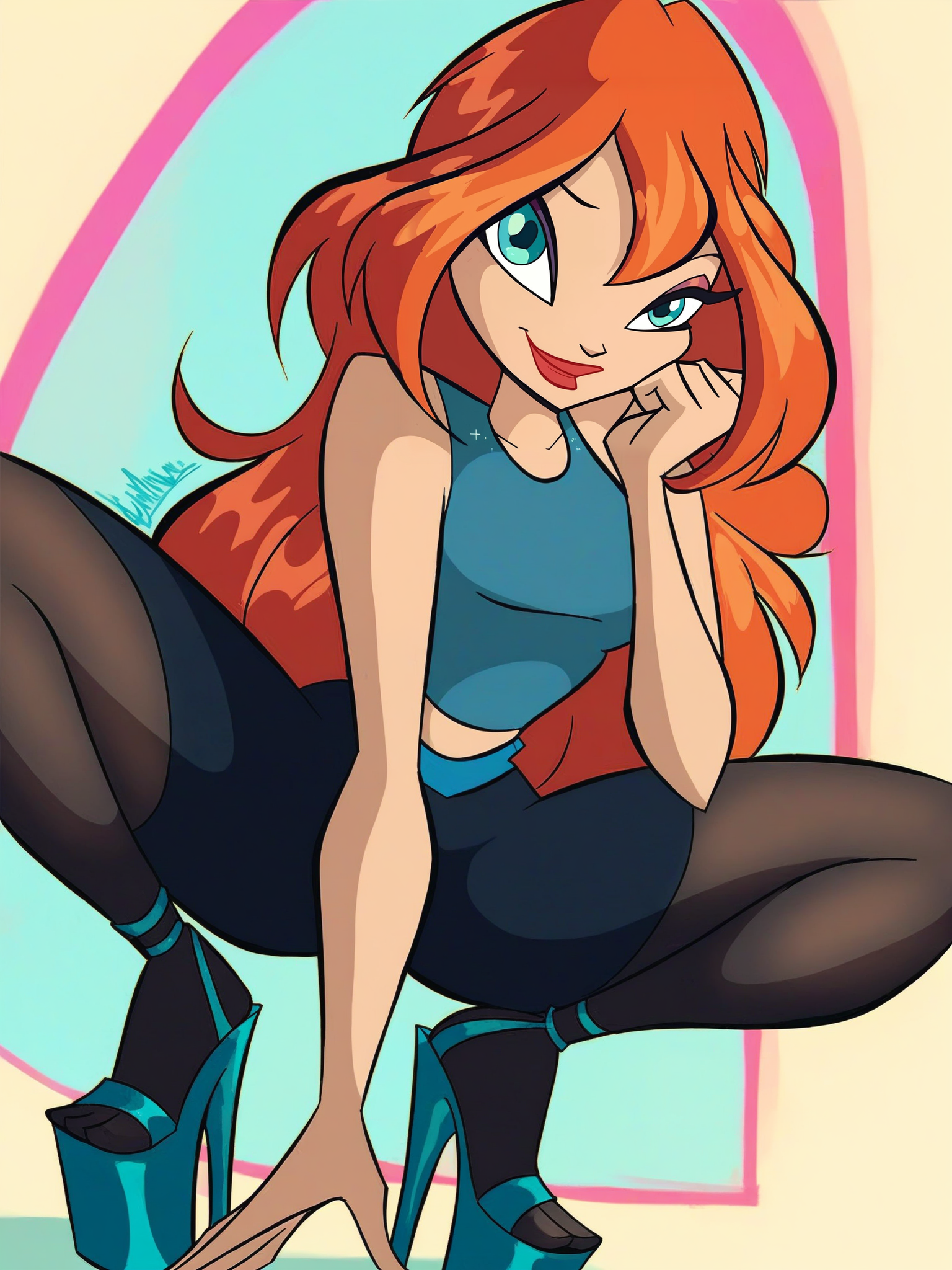 <lora:Bloom:0.7> bl_oom, 1girl, ginger hair, blue eyes, looking at viewer, squatting, front view, spreading legs, platform heels, simple background, score_9, score_8_up, score_7_up,