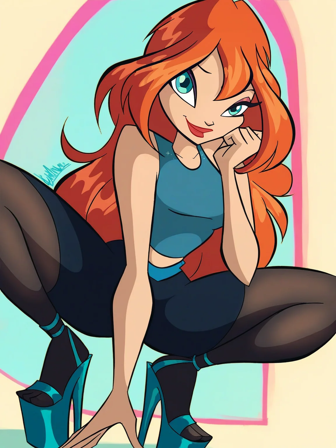 <lora:Bloom:0.7> bl_oom, 1girl, ginger hair, blue eyes, looking at viewer, squatting, front view, spreading legs, platform heels, simple background, score_9, score_8_up, score_7_up,