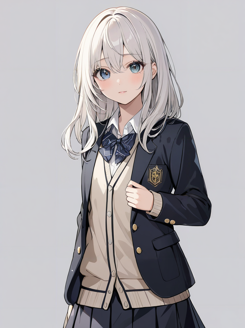 masterpiece,ultra-detailed,best quality,8K,illustration,cute face,clean skin ,shiny hair,girl,ultra-detailed-eyes,simple background, <lora:add-detail-xl:1> <lora:school uniform cardigan_XL_V1.0:0.8> school uniform, blazer, cardigan, skirt