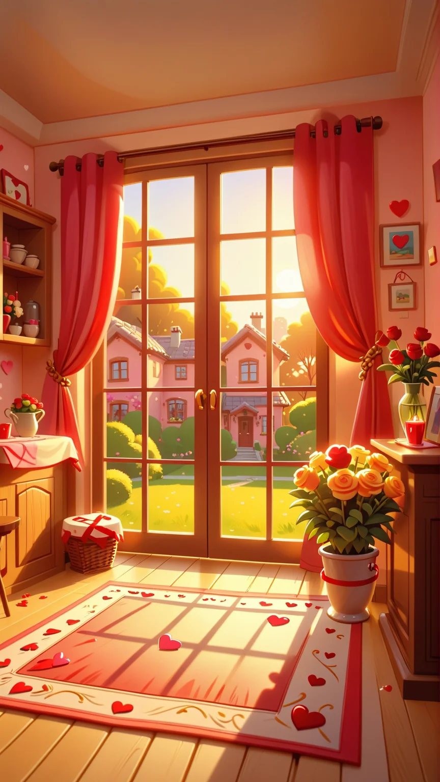 cartoon style,<lora:valentine's day date_XSE_GAME_V1:0.8>,valentine's day date,the warm sunshine,an empty home,
