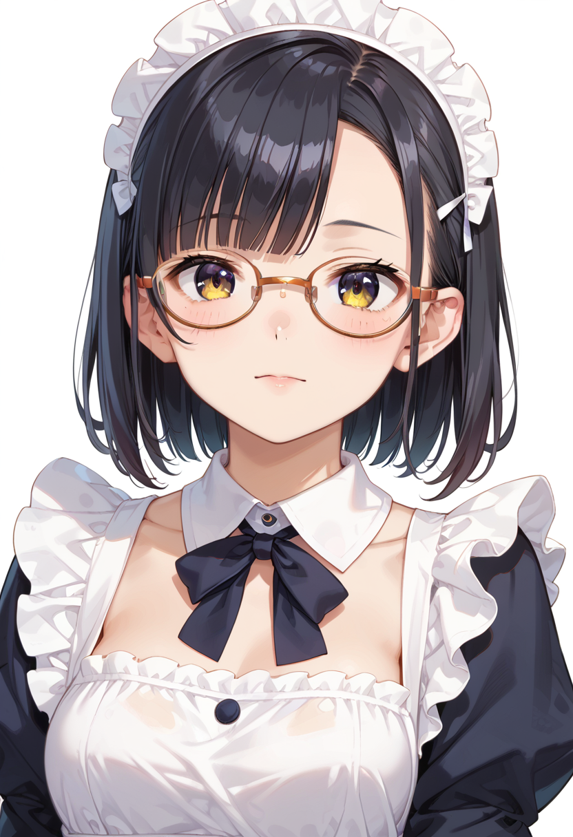 score_9, score_8_up, score_7_up, rating_safe, masterpiece, best quality, absurdres, unity 8k wallpaper, official art, official style, source_anime, uncensored, game cg, megami magazine,
1girl, solo, black hair, medium hair, upper body, covered eyes,maid, maid headdress, black dress, maid apron, face focus,
oval_metal, glasses, still life, white background, simple background, yellow-framed eyewear,
 <lora:glasses_OvalMetal2_PONY_V1:1>