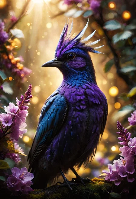 ral-apoctvisn, dark, chiaroscuro, low-key, breathtaking masterpiece showcasing a gorgeous little bird, Violet-crowned nymph,  bathed in soft, golden morning light, surrounded by vibrant bokeh balls that frame its delicate form. The image will be rendered in sharp detail, capturing every feather and intricate feature of the bird with stunning clarity. The soft, diffused lighting will enhance the warmth and radiance of its plumage, while high-quality bokeh adds a magical touch to the scene. Multiple image exposures will be expertly combined to emphasize the bird's vibrant colors and captivating gaze, resulting in a lifelike portrayal of tranquil beauty.
The artwork will feature shimmering digital colors in a mixed media style on textured paper, creating an overlapping, asymmetrical, abstract composition bursting with vibrant hues. Every inch of the image will be filled with intricate details, from the feathers of the nymph to the surrounding environment, all depicted in extreme detail. The wide range of colors will add depth and richness to the scene, with soft shadows and low saturation tones creating a serene yet evocative atmosphere.
With insane quality, resolution, and details, the final image will be a true masterpiece of nature photography, showcasing dramatic, dynamic, and cinematic elements. The sharp details will bring the scene to life, immersing viewers in the beauty and wonder of the Violet-crowned nymph in a way that is both breathtaking and captivating.