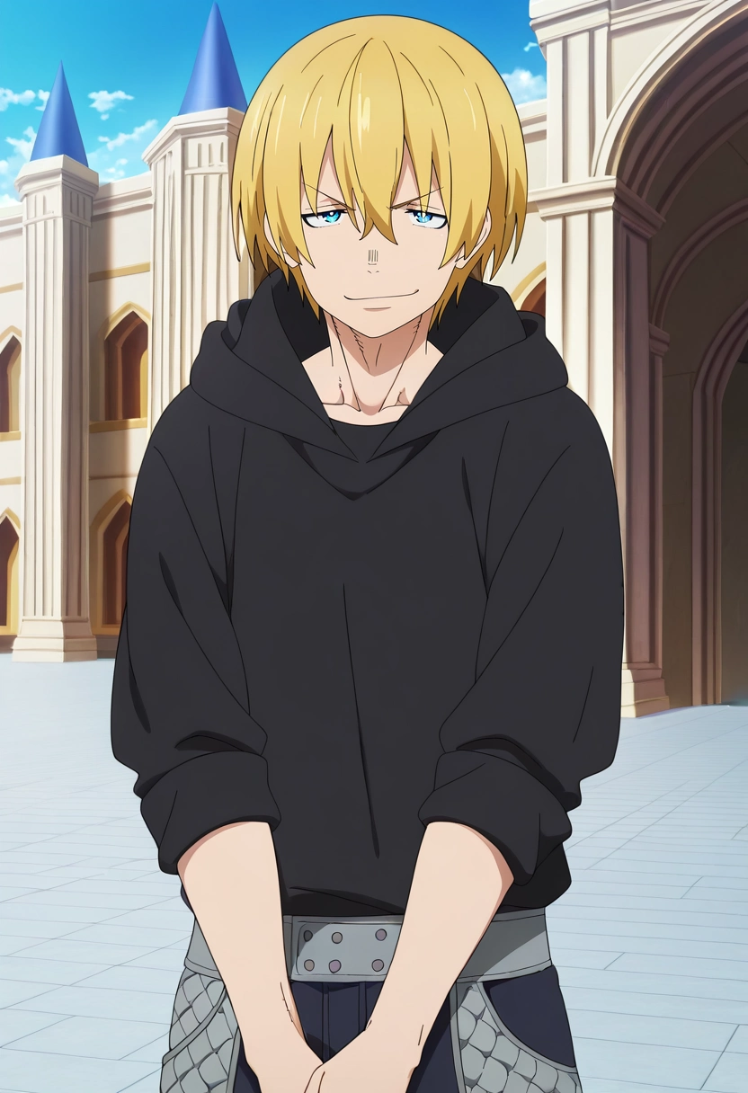 masterpiece, best quality, anime screencap, official style, anime coloring, cowboy shot, 1boy, solo, male focus, <lora:arthur_boyle_ilxl:1>, arthur_boyle, blonde hair, blue eyes, short hair, hair between eyes, hood, , panorama, palace, day, v arms, smirk, Quilted pants, Button-down shirt, , ,
