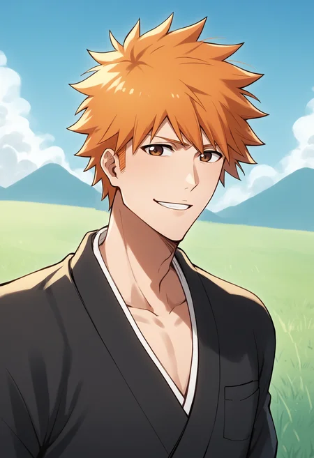 score_9, score_8_up, score_7_up, score_6_up, score_5_up, score_4_up, BREAK, source_anime,
1boy, ichigokurosaki, orange hair, short hair, spiked hair, brown eyes,
black hakama, black kimono, japanese clothes, long sleeves, wide sleeves,
hands behind back, smile, upper body, looking at viewer, solo, grass, blue sky, meadow background <lora:IchigoXL:1>