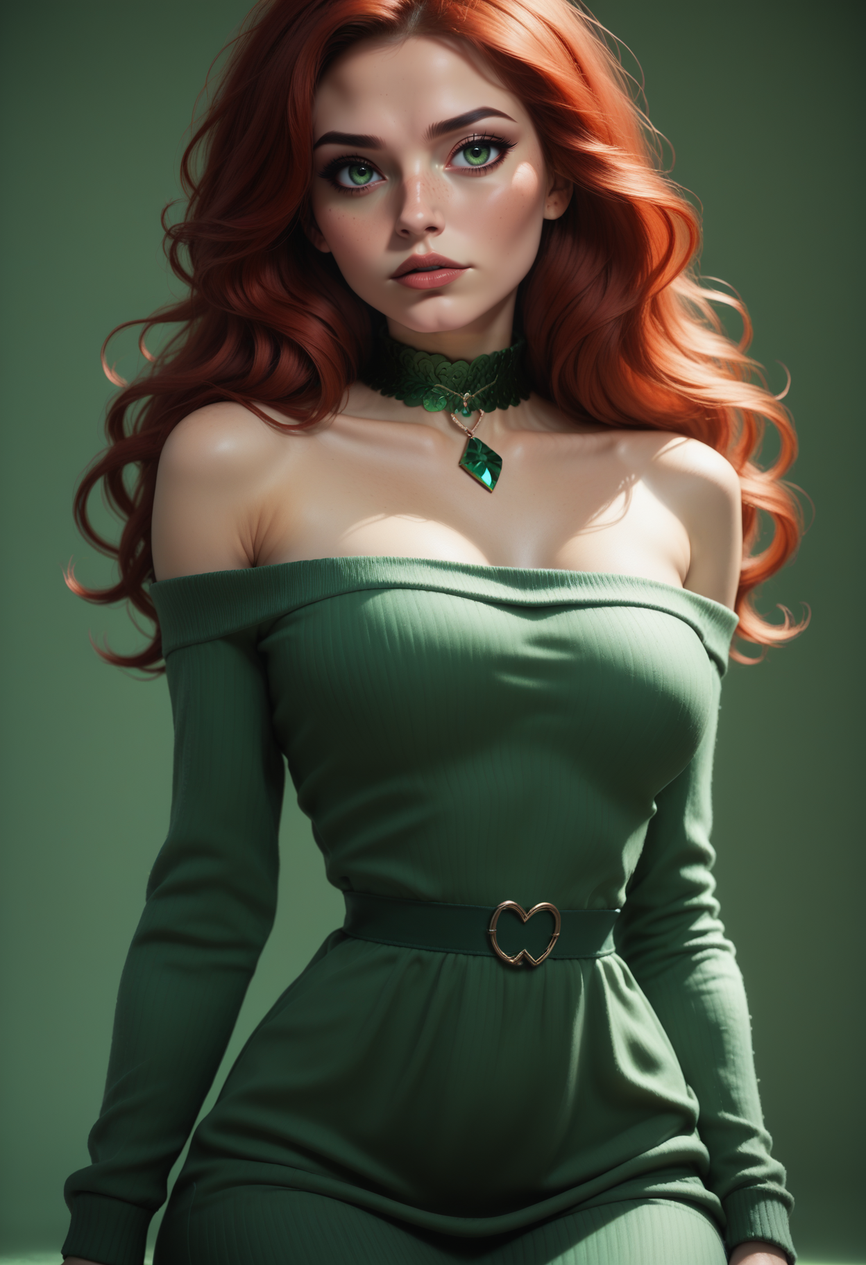 score_9, score_8_up, score_7_up, 1girl, solo, sexy sweater dress, green dress, scoop neck, bare shoulders, emerald choker, <lora:Dark_Autumn_Pony_v0.1:0.5> d4rk4utumn, red hair, green eyes,