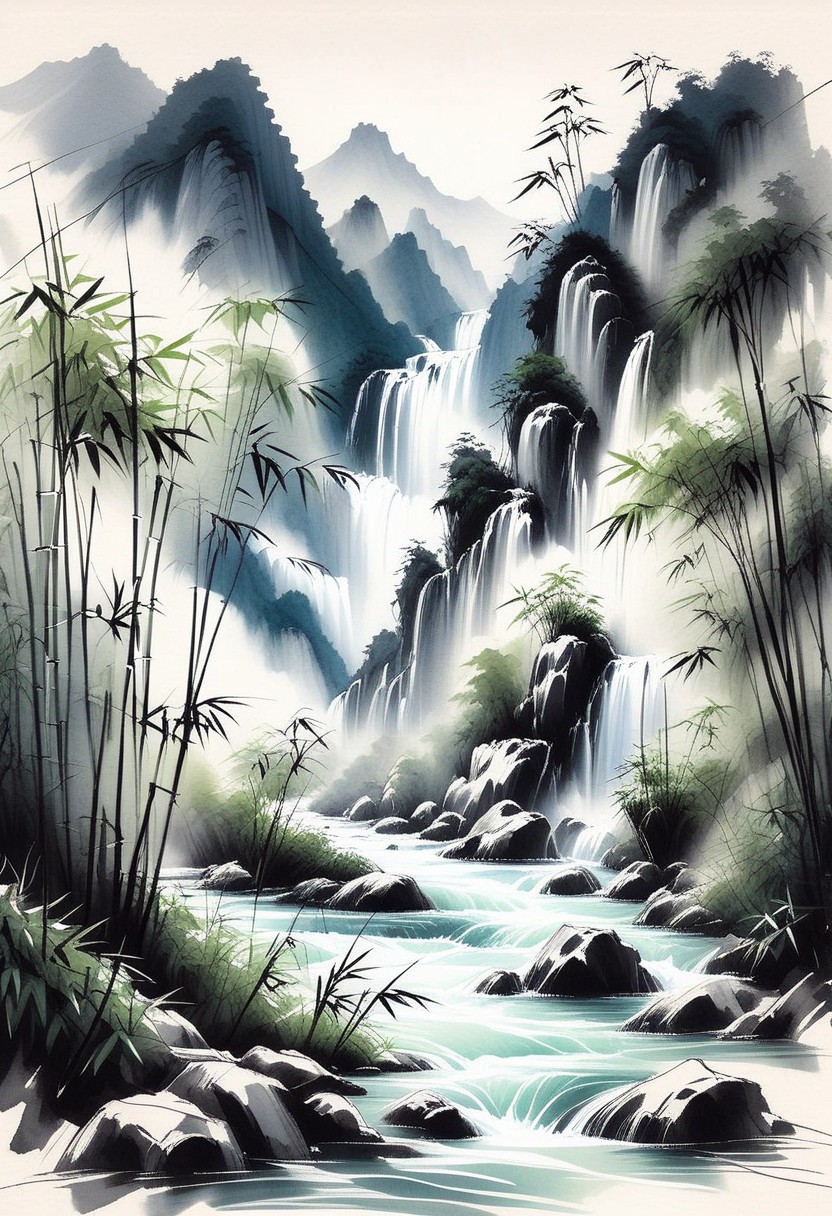 inksketch, landscape, mountains, bamboo forest, waterfall, river, mist,