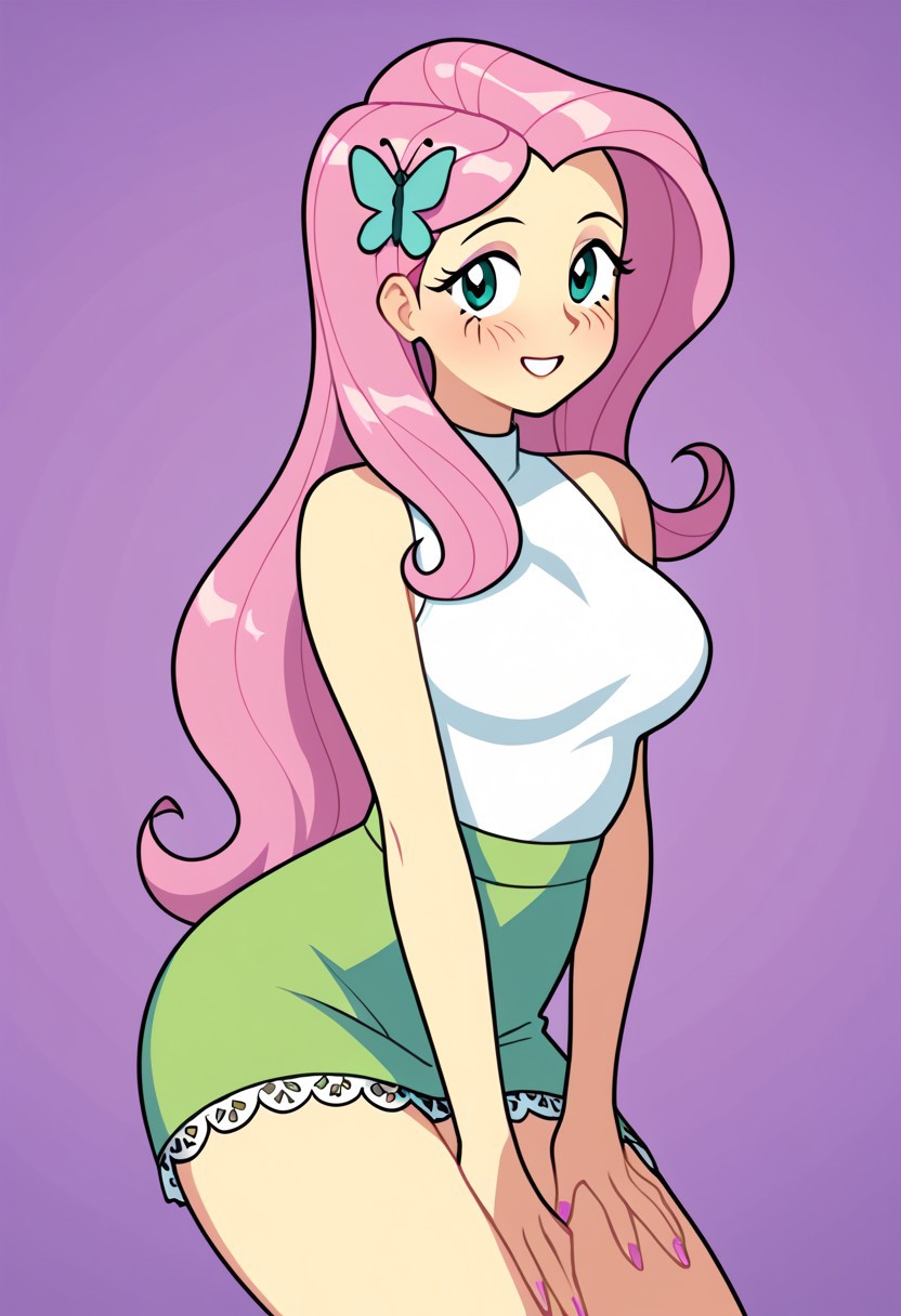 score_9, score_8_up, score_7_up, score_6_up, score_5_up, score_4_up, source_cartoon, <lora:confetti-extract- ponyxl:0.85>, detailed eyes, easynegative, rating_explicit, Expressiveh, 1girl, solo, blush,
fluttershy, long hair, Big breasts, looking at viewer, blush, hair ornament, pink hair, thighs, aqua eyes, eyelashes, butterfly hair ornament, yellow skin, eyeshadow, butterfly, colored skin, purple eyeshadow, smiling at viewer, shirt, skirt, white shirt, sleeveless, sleeveless shirt, bare shoulders, plain shirt, green skirt, butterfly print lace-trimmed skirt, miniskirt, bare arms,