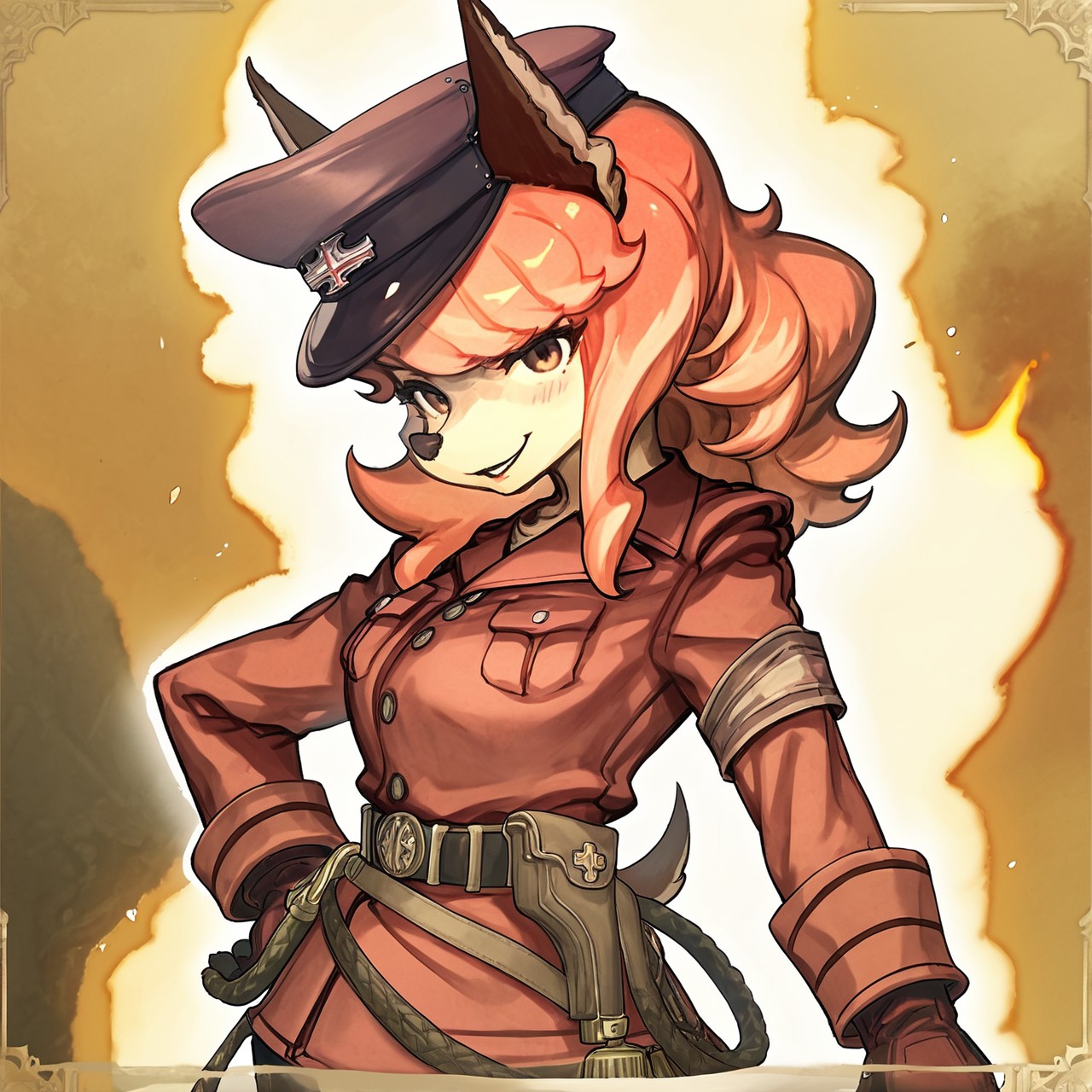 score_9,score_8,score_7,source_furry,
<solo:1.5>,
<1girl:1.5>,
flam_kish, dog girl, flam_fuga, red hair, 
official style, official art,
( art by the dark mangaka ) ,,
flam_kish_fuga, dog girl, flam_kish, flam_fuga, fanart, alternate style, furry, furry female, hat, animal ears, gloves, breasts, dog ears, uniform, blush, belt, smile, brown eyes, long hair, looking at viewer,
 <lora:Flam_Kish_Fuga:1> flam_kish
