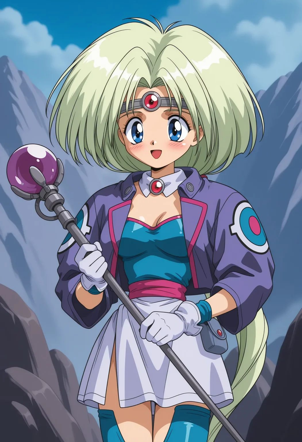PaffyRAD, 1girl, solo, 1990s \(style\), film grain, outdoors, rock mountain,
holding staff with purple gem, standing, upper body, medium breasts,
very long hair, green hair, low ponytail, bangs, circlet, blue eyes, looking down, blush, smile, happy, :d,
purple cropped jacket, three-quarter sleeves with circle emblem, detached collar with red gem,
layered white gloves, dark aqua gloves, dark aqua tube top, grey single pouch, white skirt with single slit, dark aqua thighhighs cutout,
best quality,amazing quality,very aesthetic,absurdres
<lora:PaffyRAD:1>