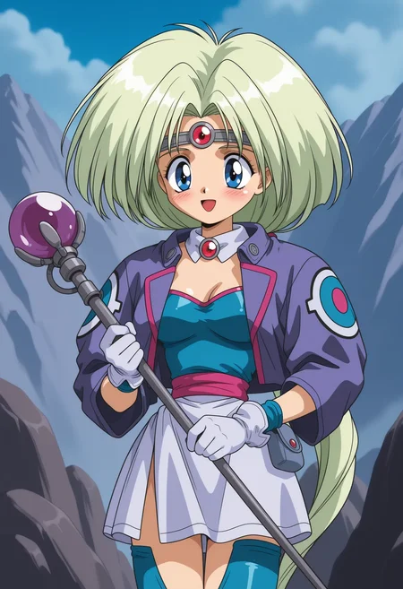 PaffyRAD, 1girl, solo, 1990s \(style\), film grain, outdoors, rock mountain,
holding staff with purple gem, standing, upper body, medium breasts,
very long hair, green hair, low ponytail, bangs, circlet, blue eyes, looking down, blush, smile, happy, :d,
purple cropped jacket, three-quarter sleeves with circle emblem, detached collar with red gem,
layered white gloves, dark aqua gloves, dark aqua tube top, grey single pouch, white skirt with single slit, dark aqua thighhighs cutout,
best quality,amazing quality,very aesthetic,absurdres
<lora:PaffyRAD:1>