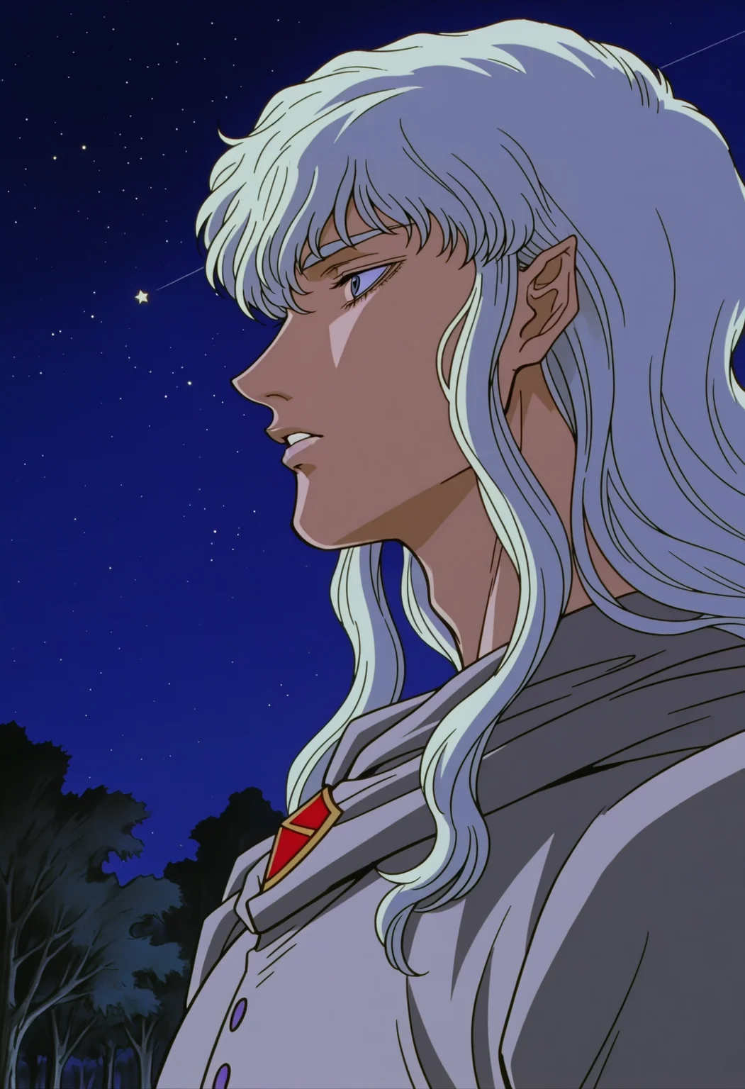 <lora:BerserkILLUSTRIOUS:1> berserk,
griffith, 1boy, solo, male focus, ((sky)), night, parted lips, night sky, profile, star, tree