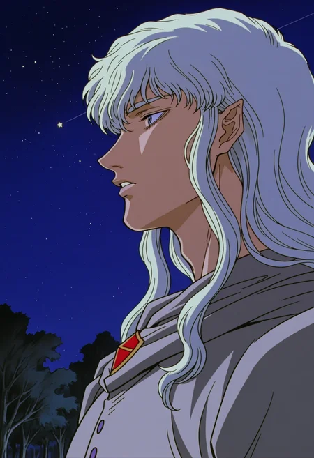 <lora:BerserkILLUSTRIOUS:1> berserk,
griffith, 1boy, solo, male focus, ((sky)), night, parted lips, night sky, profile, star, tree