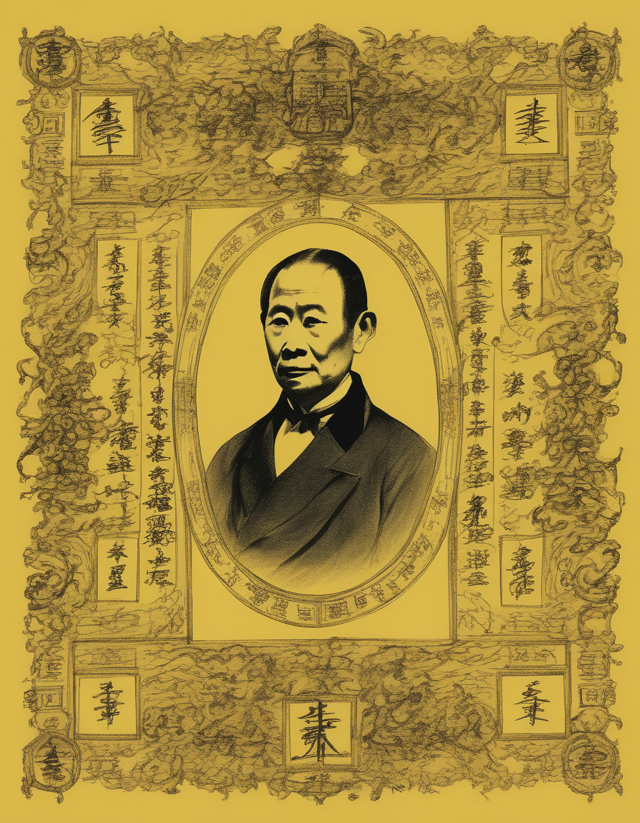 A photorealistic image of a portrait of an American President, skillfully rendered and detailed, printed on a sheet of yellow paper. The paper should appear aged and worn, with visible creases, folds, and perhaps small tears to give it an antique look. Surrounding the portrait, the paper should be filled with handwritten Chinese characters, elegantly written in traditional calligraphy style. The characters can be quotes, poems, or any text that complements the portrait. The overall composition should be harmonious, and the lighting should be soft yet sufficient to highlight the details of the portrait and the Chinese writing
 <lora:cnrune:0.46>,