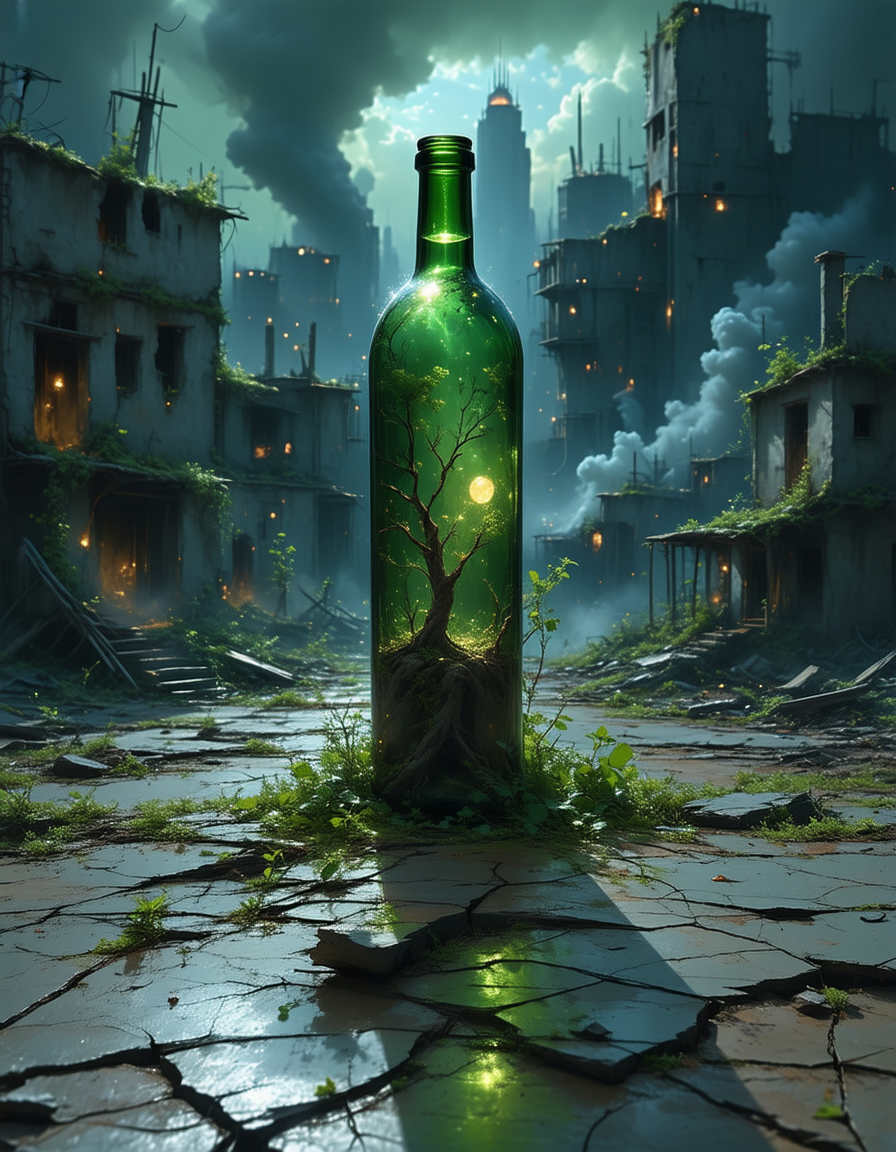 inside a bottle there is a  desolate metropolis, where skyscrapers once kissed the heavens, now stood a crumbling relicâthe Forgotten City. Its streets, once bustling with life, now lay silent, choked by weeds and memories. The sun rarely dared to peek through the thick canopy of smog, casting long shadows on cracked pavement., Cinematic photography, movie mood, cinematic light, compelling composition, storytelling elements, conveys emotion, mood, and narrative depth, creating visually striking images that feel like still frames from a film, Wide angle, chaotic cabin in background. vibrant, photorealistic, realistic, dramatic, dark, sharp focus, 8k.