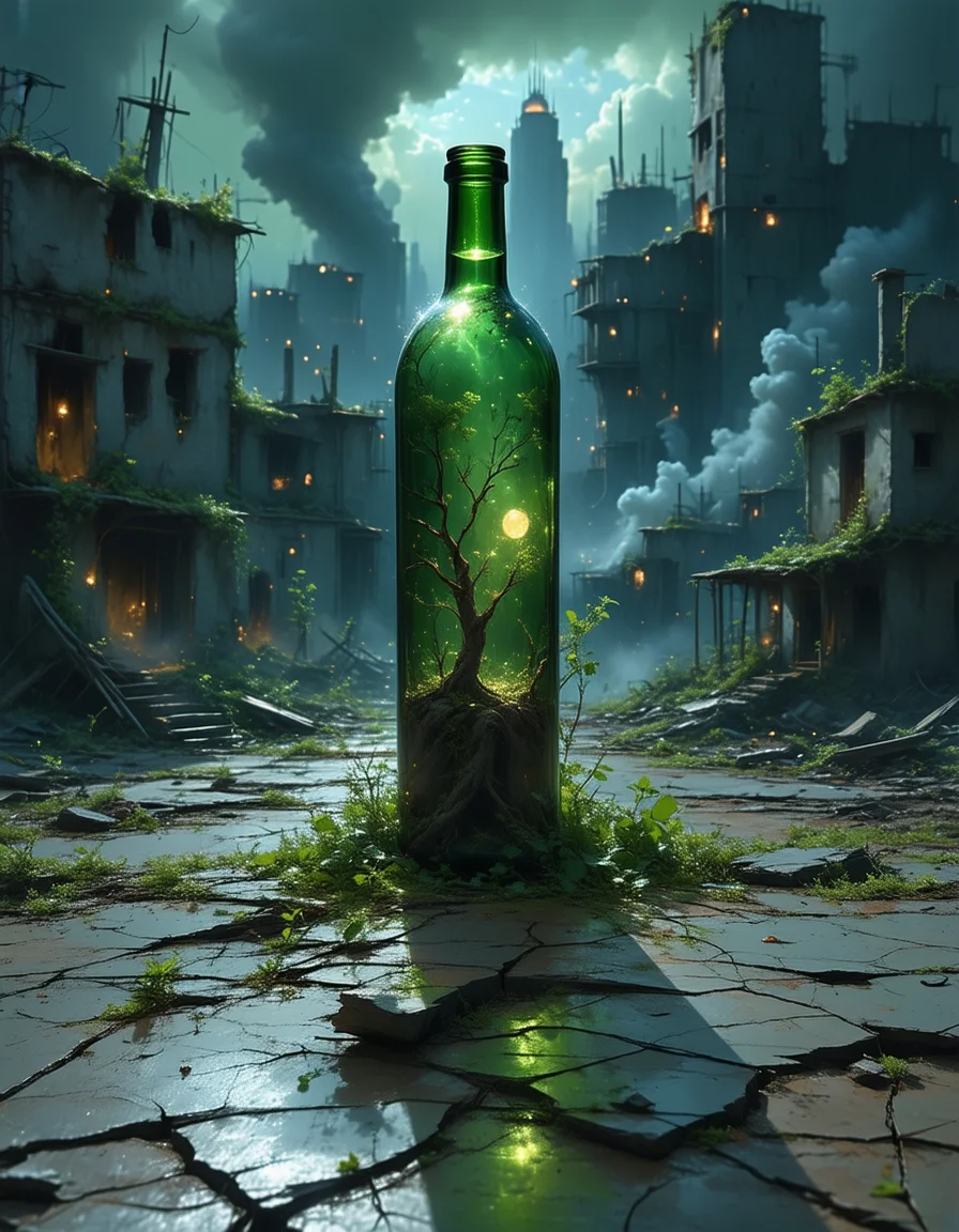 inside a bottle there is a desolate metropolis, where skyscrapers once kissed the heavens, now stood a crumbling relicâthe Forgotten City. Its streets, once bustling with life, now lay silent, choked by weeds and memories. The sun rarely dared to peek through the thick canopy of smog, casting long shadows on cracked pavement., Cinematic photography, movie mood, cinematic light, compelling composition, storytelling elements, conveys emotion, mood, and narrative depth, creating visually striking images that feel like still frames from a film, Wide angle, chaotic cabin in background. vibrant, photorealistic, realistic, dramatic, dark, sharp focus, 8k.