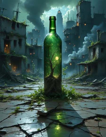 inside a bottle there is a  desolate metropolis, where skyscrapers once kissed the heavens, now stood a crumbling relicâthe Forgotten City. Its streets, once bustling with life, now lay silent, choked by weeds and memories. The sun rarely dared to peek through the thick canopy of smog, casting long shadows on cracked pavement., Cinematic photography, movie mood, cinematic light, compelling composition, storytelling elements, conveys emotion, mood, and narrative depth, creating visually striking images that feel like still frames from a film, Wide angle, chaotic cabin in background. vibrant, photorealistic, realistic, dramatic, dark, sharp focus, 8k.