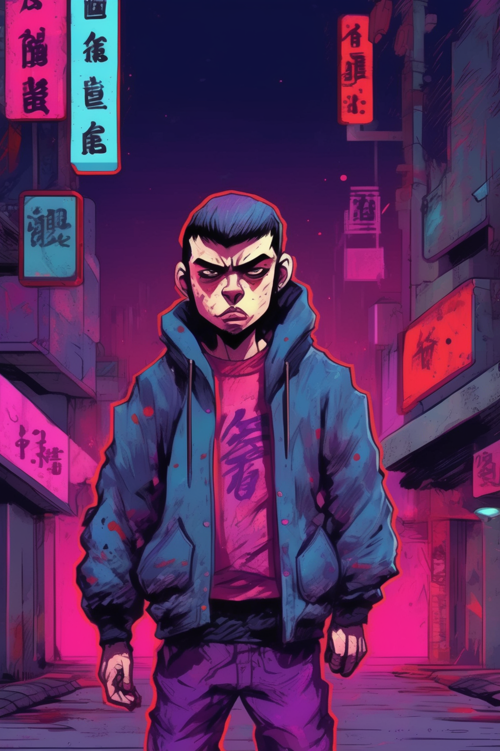 <lora:Liam Wong Style:1>Liam Wong Style - a henchman in the street of an empty city. He is wearing very serious clothes and is not friendly, it is night but the colors are vivid, in a semi-relistic drawn style. His pose is dynamic