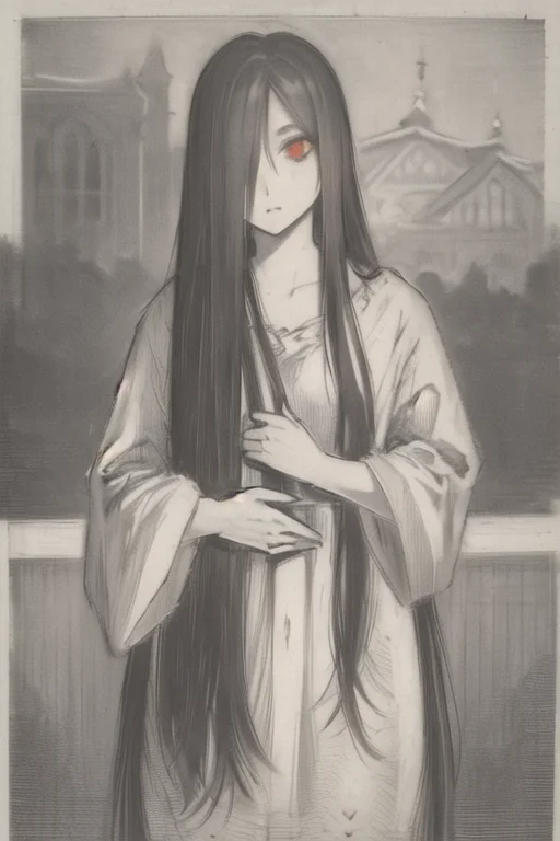 ((masterpiece)),(best quality), absurdres,sadako_yamamura,red eyes, white dress,<lora:Sadakobest:0.8>, <lora:OldengravingsWierix_v10:1>,monochrome,engraving,