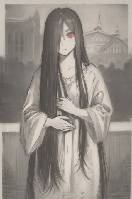 ((masterpiece)),(best quality), absurdres,sadako_yamamura,red eyes, white dress,<lora:Sadakobest:0.8>, <lora:OldengravingsWierix_v10:1>,monochrome,engraving,