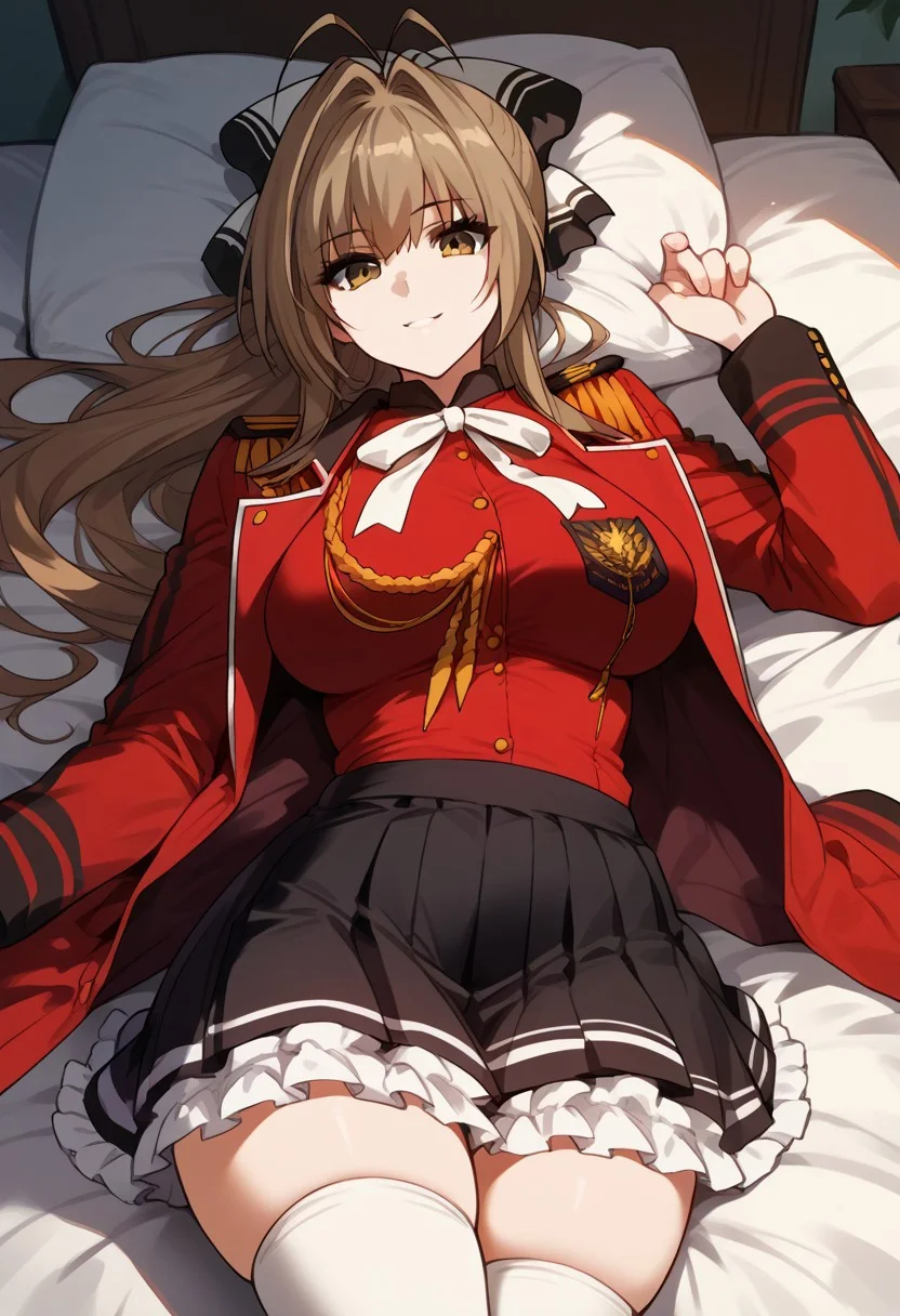 zPDXL3, score_9_up, score_8_up, score_7_up, (Anime_source), 1girl, long hair, ponytail, brown hair, antenna hair, hair intakes, brown eyes, hair bow, SentoUniform, red jacket, epaulettes, aiguillette, neck ribbon, white ribbon, long sleeves, multicolored skirt, frilled skirt, black skirt, white thighhighs, large breast, cowboy shot, lying on back, looking at viewer, seductive smile