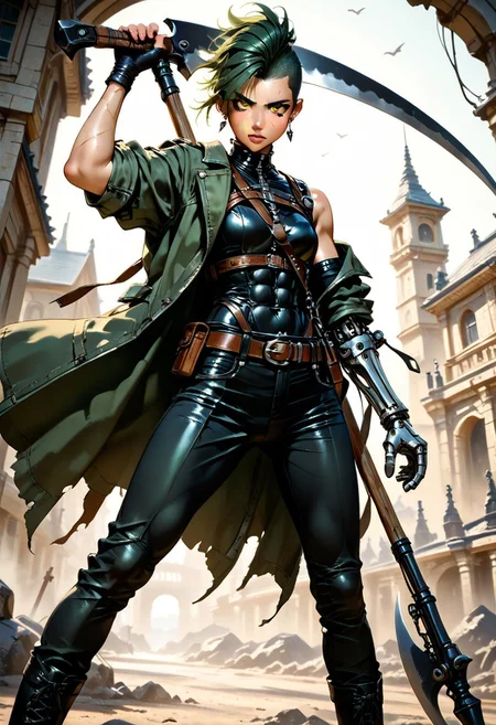 HDR, 8K, high contrast, masterpiece, best quality, amazing quality, very aesthetic, high resolution, ultra-detailed, absurdres,  perfect lighting, photorealistic, volumetric lighting, dramatic shadows, cinematic lighting, (sharp image), safe, BREAK,  scenery, realistic,  hkstyle, perfect anatomy, Focus face, dynamic angle, safe, 
((1girl)), solo, human,  asian face, light skin, ((sharp facial features)), yellow eyes, black eyeliner, mohawk hairstyle, green hair, hair covering the right side of the face, thin body, small breast, fair skin, abs, (scar on the left cheek with a thin stripe), thin black eyebrows, narrow slit eyes, ((snake eyes)), black earrings in ears, (dark green clothes), ((human right hand, human right forearm, human right shoulder,))), BREAK, [(((prosthesis left arm, prosthesis left hand, prosthesis left shoulder,)))], BREAK, black trousers, black leather boots with knee-length fasteners, scythe in hand, ((dark green jacket)), black shirt, BREAK, dark green scythe, scythe with a sharp shiny black blade, perfect type of weapon, BREAK, dynamic poses, ((serious expression)), BREAK,  beautiful eyes, ruin background, ILXLpos, age progression, multiple views, mechanical parts, M4gicalL1nes, amputee, prosthetic left arm, ((battle stance pose)), close up,