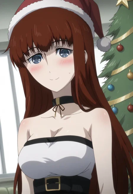 rating_safe, Ultra-high-detailed Anime illustration of Kagari Shiina from Anime Steins;Gate 0. The artwork features Kagari in a solo, face focus, upper body, standing position with a intdoors, indoors, living room with Christmas atmosphere. Gorgeous Christmas tree in background. Night Time..
She is depicted with intricate details showcasing her large_breasts, natural_breasts. She is a white skinned, 22 years old woman. Kagari is looking_at_viewer with perfect_eyes, Her pupils are highly detailed. The eyes are open. blue eyes. Kagari's eyes are highlighted. Highlighted eyevrows.
She has long_hair, red_hair styled in floating_hair, shiny_hair and bangs.
She is wearing a black choker and a Santa dress, strapless crop top, sleevless crop top with bare shoulders.
She is wearing a Santa Hat and red skirt, red pencil skirt with black belt.
The artistic style is intricate_details_xl with a focus on Anime art. The color palette emphasizes red and black with detailed strokes to bring out the character's features. The lighting creates dramatic shadows and highlights, adding depth to the artwork. The perspective is from a face focus, dutch angle to enhance the impact of the character's expression. This masterpiece is a true portrayal of Kagari's complex personality and will captivate any fan of Kagari. uncensored, upper body, blushing, smile, kagari_shiina,
<lora:Steins_Gate:1>