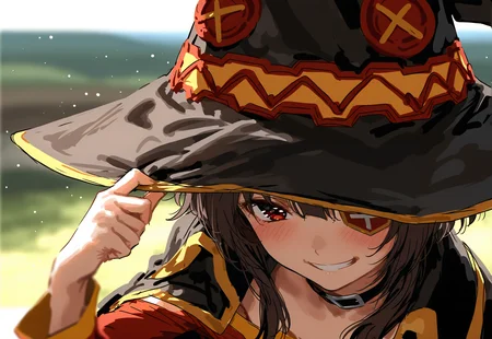 <lora:aruhshuraSDXL:1>, best quality, masterpiece, aruhshura, 1girl, megumin, witch hat, smile, red eyes, blush, eyepatch, black cape, looking at viewer, red dress, hand on headwear, collar, brown hair, blurry background, grin, black choker, black headwear, short hair with long locks, button eyes, one eye covered, upper body, long sleeves, depth of field