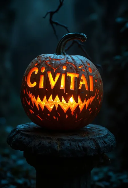 A masterful cinematic photograph of a beautiful, detailed carved pumpkin glowing from within atop an old stone plinth.
The raised carving on the pumpkin uses different layers of carving in the pumpkin and inlays of gold and cyan to create a beautiful scene that glows from within with the bright light of a candle.
The scene carved on the pumpkin is a text in bold scary letters. The text spells: "CivitAI"
The composition focuses on the pumpkin and the carving, the stone plinth and dark, eerie surroundings are just accompanying, out of focus.
The color palette uses three colors, mainly rich orange tones, deep vibrant cyan and bright gold. The overall ambiance is mysterious, dark and eerie.
The lighting setup masterfully captures the glow from within the pumpkin and enough light from the outside to display the detailed carving on the pumpkin.
The image is a masterpiece that captures the captivating charm of a beautiful painting decorated with baroque patterns. Its resolution is ultrahigh and detailed.