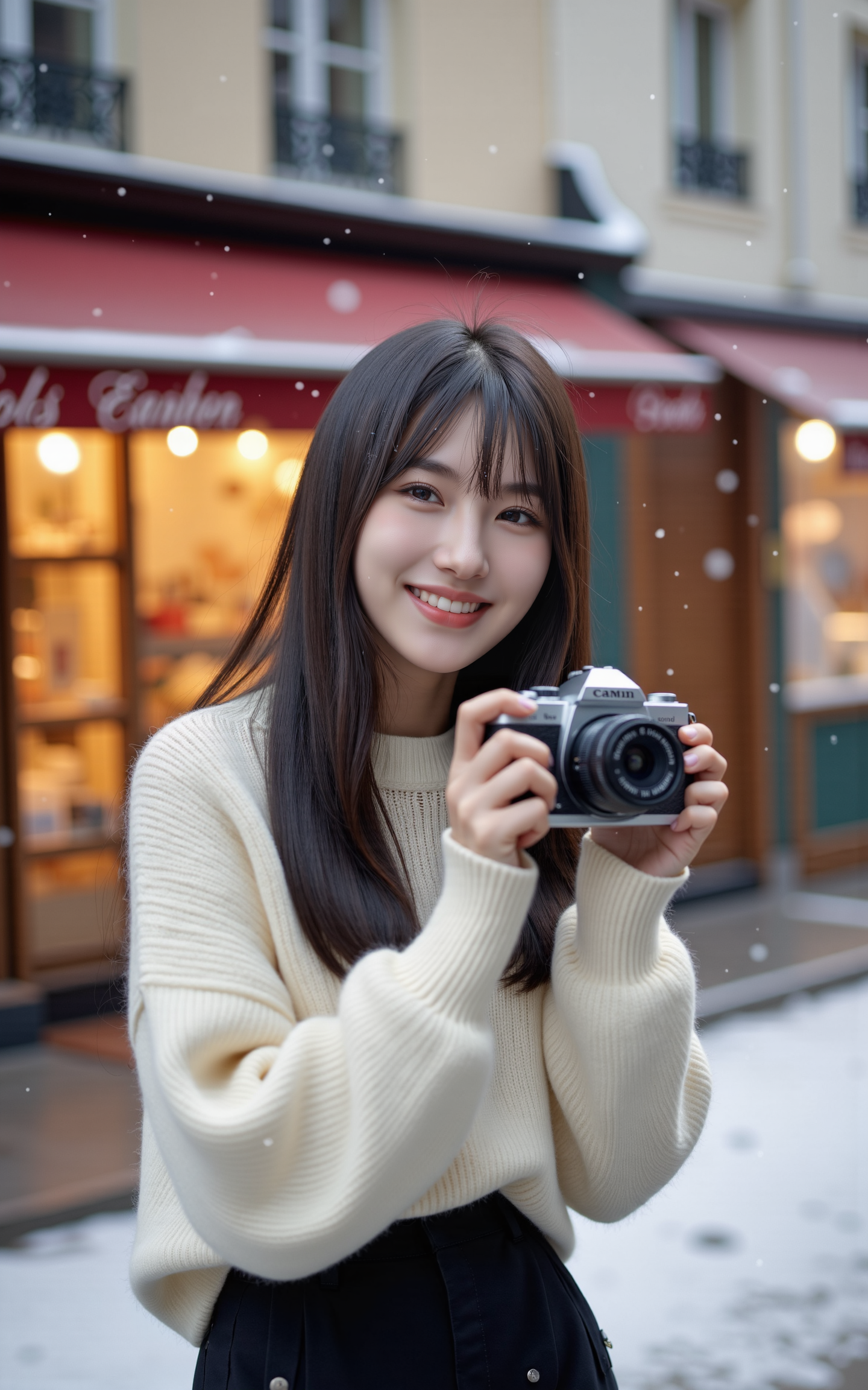 A 20-year-old girl in a white sweater and a black knee-length skirt holds a camera,taking a selfie on a snowy street in a small Parisian town. Behind her,a charming gift shop with a warmly lit display window adds a cozy atmosphere. Snowflakes gently fall around,creating a dreamy winter scene. The image is captured in an ultra-photorealistic style,with soft natural lighting,crisp details,and a cinematic depth of field. Her expression is natural and joyful,reflecting the serene beauty of the moment.,
<lora:baby-base-01-flux:0.7>,baby,long black hair,bangs,she has a slender physique and a petite build,