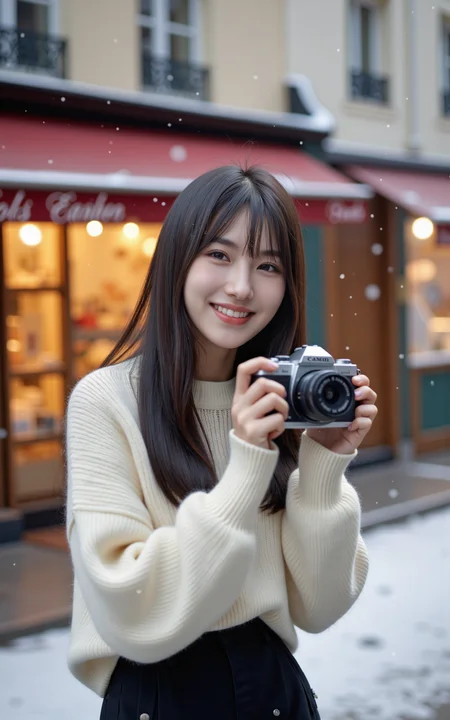 A 20-year-old girl in a white sweater and a black knee-length skirt holds a camera,taking a selfie on a snowy street in a small Parisian town. Behind her,a charming gift shop with a warmly lit display window adds a cozy atmosphere. Snowflakes gently fall around,creating a dreamy winter scene. The image is captured in an ultra-photorealistic style,with soft natural lighting,crisp details,and a cinematic depth of field. Her expression is natural and joyful,reflecting the serene beauty of the moment.,
<lora:baby-base-01-flux:0.7>,baby,long black hair,bangs,she has a slender physique and a petite build,