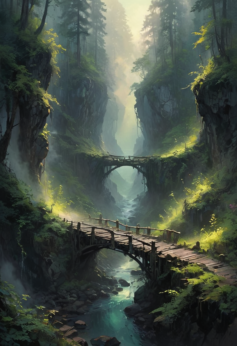 A rickety bridge stretches precariously across a deep chasm, connecting two rugged sides of a dense forest nestled within rocky mountains. The forest is thick with towering trees, their leaves a lush green canopy that barely lets any light through. The sky above is casting a somber glow over the landscape. Smoke rises gently from an unseen source, mingling with the thick mist that clings to the ground, creating an eerie and mysterious atmosphere. The overall setting is dark and foreboding, yet strangely beautiful, as the interplay of light and shadow brings the forest to life. [romantic impressionism,dream scenery art,beautiful oil matte painting,romantic,style of thomas kinkade,beautiful digital painting,anime landscape,romantic painting,dreamlike digital painting,colorful painting,beautiful gorgeous digital art,style of greg rutkowski,janek sedlar,jenny saville:0] <lora:vivid_everclear:0.6> <lora:Sinozick:0.65> <lora:WildcardX-XL-Detail-Enhancer:0.8>