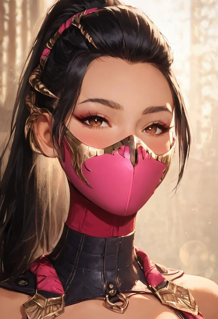 score_9, score_8_up, score_7_up, source_anime, sexy 22 year old girl sexy posing, mileenaxl, mileenaxl,black hair,ponytail,brown eyes, pink mouth mask, medium natural breasts, hair ornament,neck wear, sleeves, masterpiece, cinematic lighting, hot, sitting, cute eyes, 5300k, hyperdetailed photography, eye contact, in stagecoach wagon, curtained windows, black bodysuit, cute, sexy, flushed, blushing, godrays, bokeh:1.2, sexy expression, seductive face, head tilted slightly down, seductive, look at viewer, perfect eyes, detailed face, face focus, blurred background, detailed eyes.