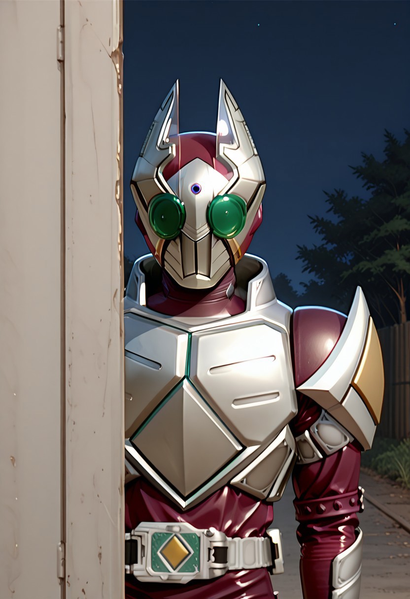 solo, krgarren, robot, krgrn helmet, krgrn armor, krgrn bodysuit, hiding behind wall, upper body, night, arm at side, masterpiece, best quality, amazing quality,