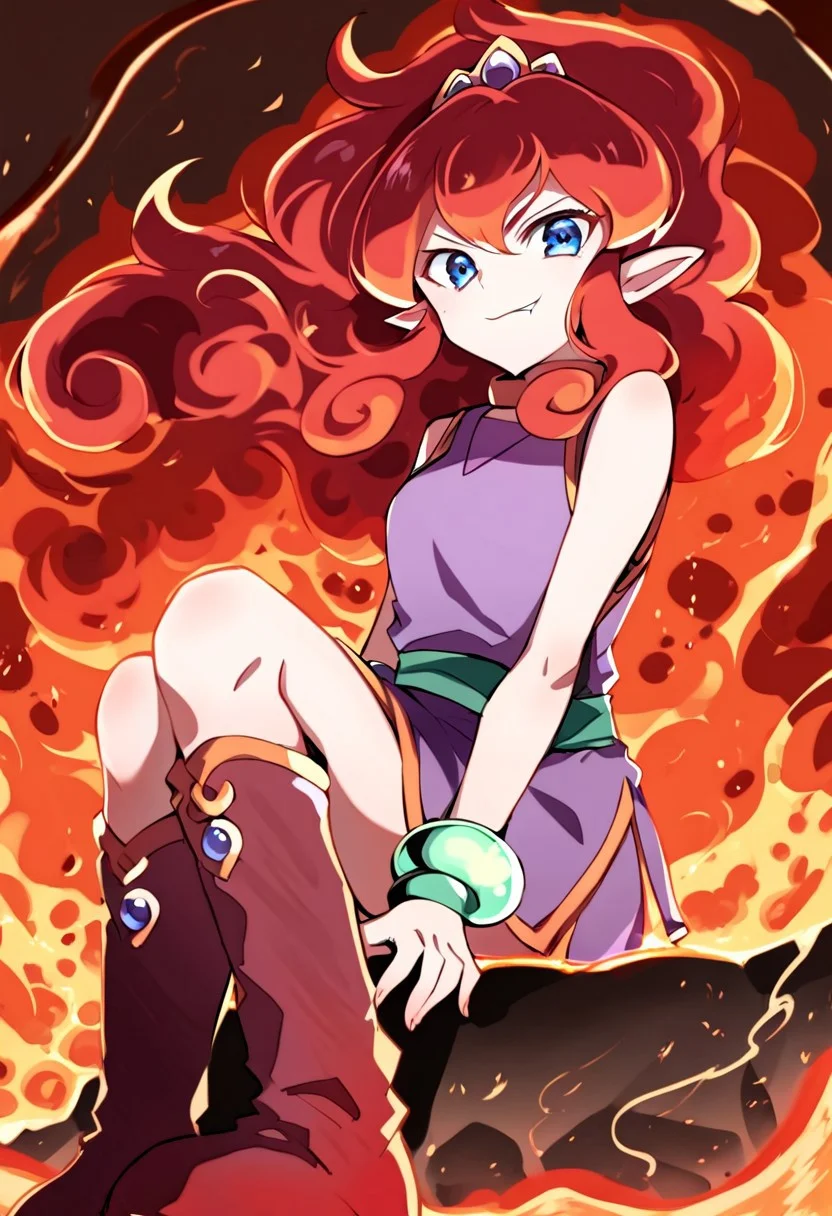 score_8, score_8_up, score_7, hires, (detailed:1.1), vivid colors, smile, flare_panepon, red hair, fiery hair, long hair, blue eyes, pointy ears, purple dress, short dress, sleeveless dress, tiara, fang, bracelet, boots, knee boots, jewelry, (lava:1.1), volcano background, sitting, looking at viewer