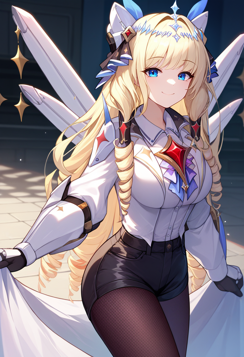 score_9, score_8_up, score_7_up, source_anime BREAK 1girl, solo, <lora:crown-nikke-richy-v1_pdxl:1> nikkecrwn, blonde hair, long hair, drill hair, tiara, hair ornament, headgear, blue eyes, white jacket, white shirt, brooch, center frills, black shorts, high-waist shorts, gloves, wings, armored boots, fishnet pantyhose, smile, looking at viewer,