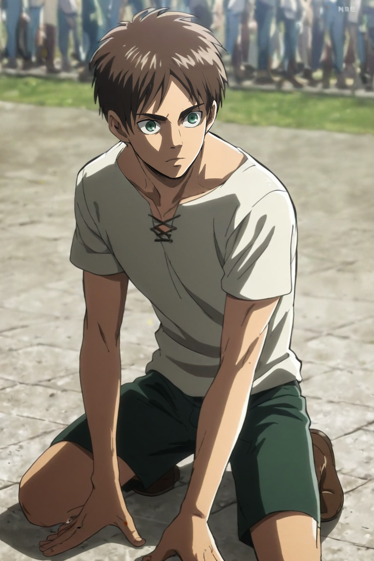 score_9, score_8_up, score_7_up, score_6_up, score_5_up, score_4_up, BREAK source_anime, (best quality:1.1), (masterpiece:1.4), , upper body, depth of field, 1boy, solo, male focus, <lora:Eren_Yeager_PonyXL:0.76>, eren_yeager, brown hair, green eyes, bermuda shorts, , , Kneeling with head bowed, displaying humility or prayer, <lora:sdxl_lightning_8step_lora:1>