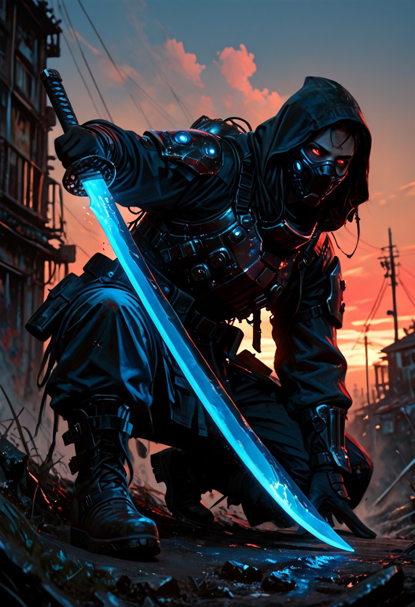 masterwork, masterpiece, best quality, detailed, depth of field, , high detail, best quality, very aesthetic, 8k, photorealistic, realistic skin, deep colour, high contrast, hyperdetailed, matte digital painting, trending on artstation, sharp edges, precise, clear focus, detailed face, face focus, sideview, wide shot, looking at viewer, 
 futuristic, gritty. 
line art, ink art of a woman, solo, soldier, enigmatic, (glowing red eyes), matte black modular suit of armor, molded armour, whole body protection, heavy boots, holding a katana, (blue glowing blade:1.5), ready to fight, fighting stance. Deep hood, black face mask, pale skin, 
background war-torn urban landscapes, dramatic lighting, dynamic angle, whole body, face focus, high contrast, deep shadows, distant fires, smoky sky, matte painting, 
 STP-Illu