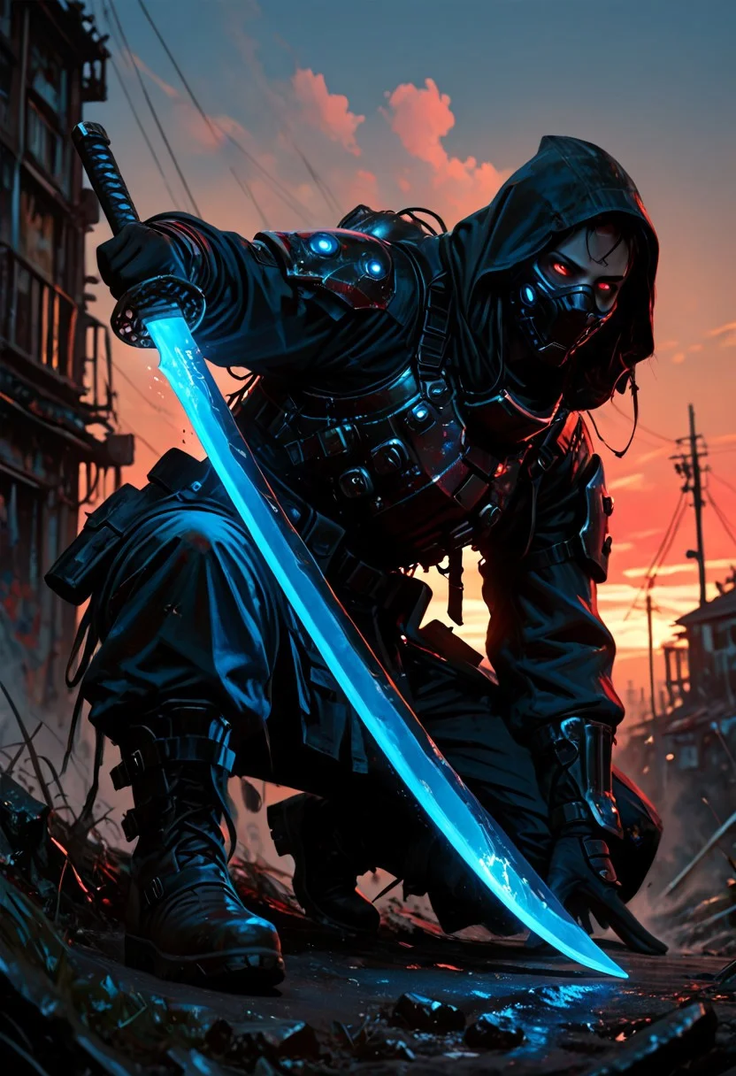masterwork, masterpiece, best quality, detailed, depth of field, , high detail, best quality, very aesthetic, 8k, photorealistic, realistic skin, deep colour, high contrast, hyperdetailed, matte digital painting, trending on artstation, sharp edges, precise, clear focus, detailed face, face focus, sideview, wide shot, looking at viewer,
futuristic, gritty.
line art, ink art of a woman, solo, soldier, enigmatic, (glowing red eyes), matte black modular suit of armor, molded armour, whole body protection, heavy boots, holding a katana, (blue glowing blade:1.5), ready to fight, fighting stance. Deep hood, black face mask, pale skin,
background war-torn urban landscapes, dramatic lighting, dynamic angle, whole body, face focus, high contrast, deep shadows, distant fires, smoky sky, matte painting,
STP-Illu