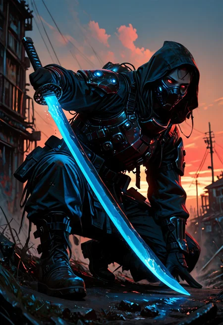 masterwork, masterpiece, best quality, detailed, depth of field, , high detail, best quality, very aesthetic, 8k, photorealistic, realistic skin, deep colour, high contrast, hyperdetailed, matte digital painting, trending on artstation, sharp edges, precise, clear focus, detailed face, face focus, sideview, wide shot, looking at viewer,
futuristic, gritty.
line art, ink art of a woman, solo, soldier, enigmatic, (glowing red eyes), matte black modular suit of armor, molded armour, whole body protection, heavy boots, holding a katana, (blue glowing blade:1.5), ready to fight, fighting stance. Deep hood, black face mask, pale skin,
background war-torn urban landscapes, dramatic lighting, dynamic angle, whole body, face focus, high contrast, deep shadows, distant fires, smoky sky, matte painting,
STP-Illu
