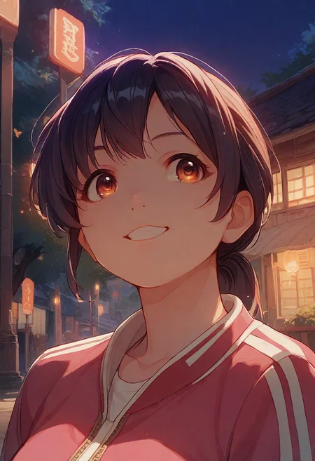 score_9, score_8_up, score_7_up, score_6_up, source_anime, 1girl, solo, head close-up, Default Girl, training wear, smile, in a street full of wooden buildings, dark night, colorful