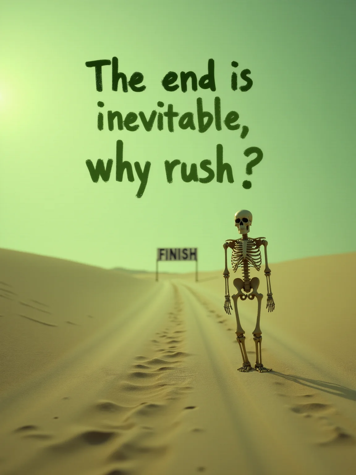 (the words "The end is inevitable, why rush?" in dull green placed in the middle:2.0), a skeleton slowly walking toward a distant, empty finish line in a barren desert, text focus, <lora:Text_Logo_-_Style:1>