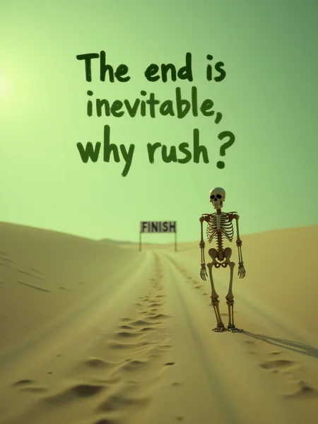 (the words "The end is inevitable, why rush?" in dull green placed in the middle:2.0), a skeleton slowly walking toward a distant, empty finish line in a barren desert, text focus, <lora:Text_Logo_-_Style:1>