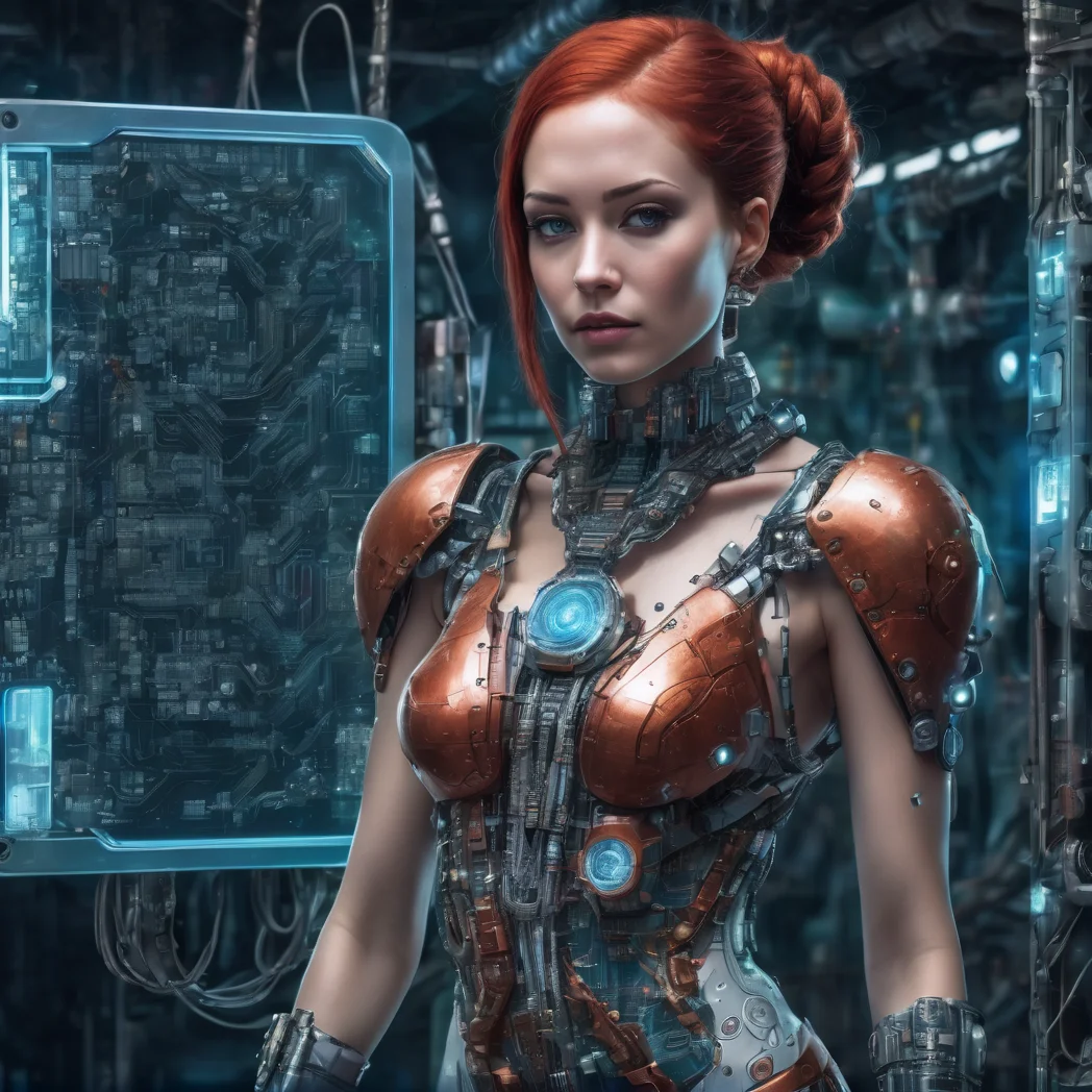girl, woman, age 32, red hair, braided hair, full body, asymmetrical fashion, wearing loose dress, wearing a crystalline circuit board style pendant, detailed face, realistic, exposed circuitry, android, scifi fantasy scene setting, scifi, cyborg, posing, hydraulic pistons, playful