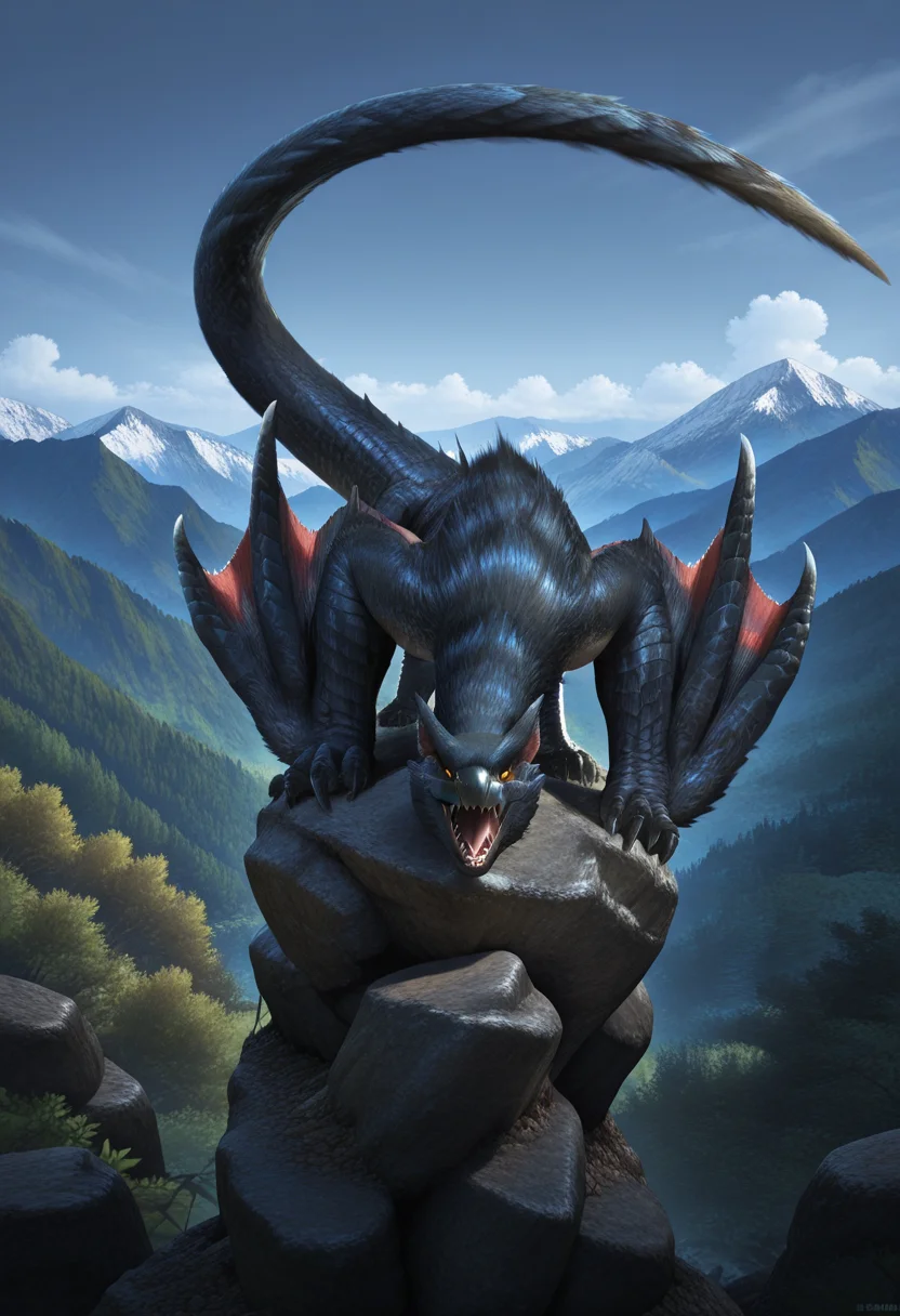 Graphic Design, color art, vibrant colors, colorful, intricate details, high contrast, detailed background, beautiful detailed, beautiful face, detailed eyes, detailed face, photorealism, photorealistic, detailed fur, new, n4rg4cug4, dragon, yellow sclera, black fur, sharp teeth, fangs, claws, wings, winged arms, tail, no humans, nature, mountain, sky, clouds, rock, outdoors, dynamic pose, sitting, looking at viewer, (masterpiece, best quality, newest, recent, absurdres),
