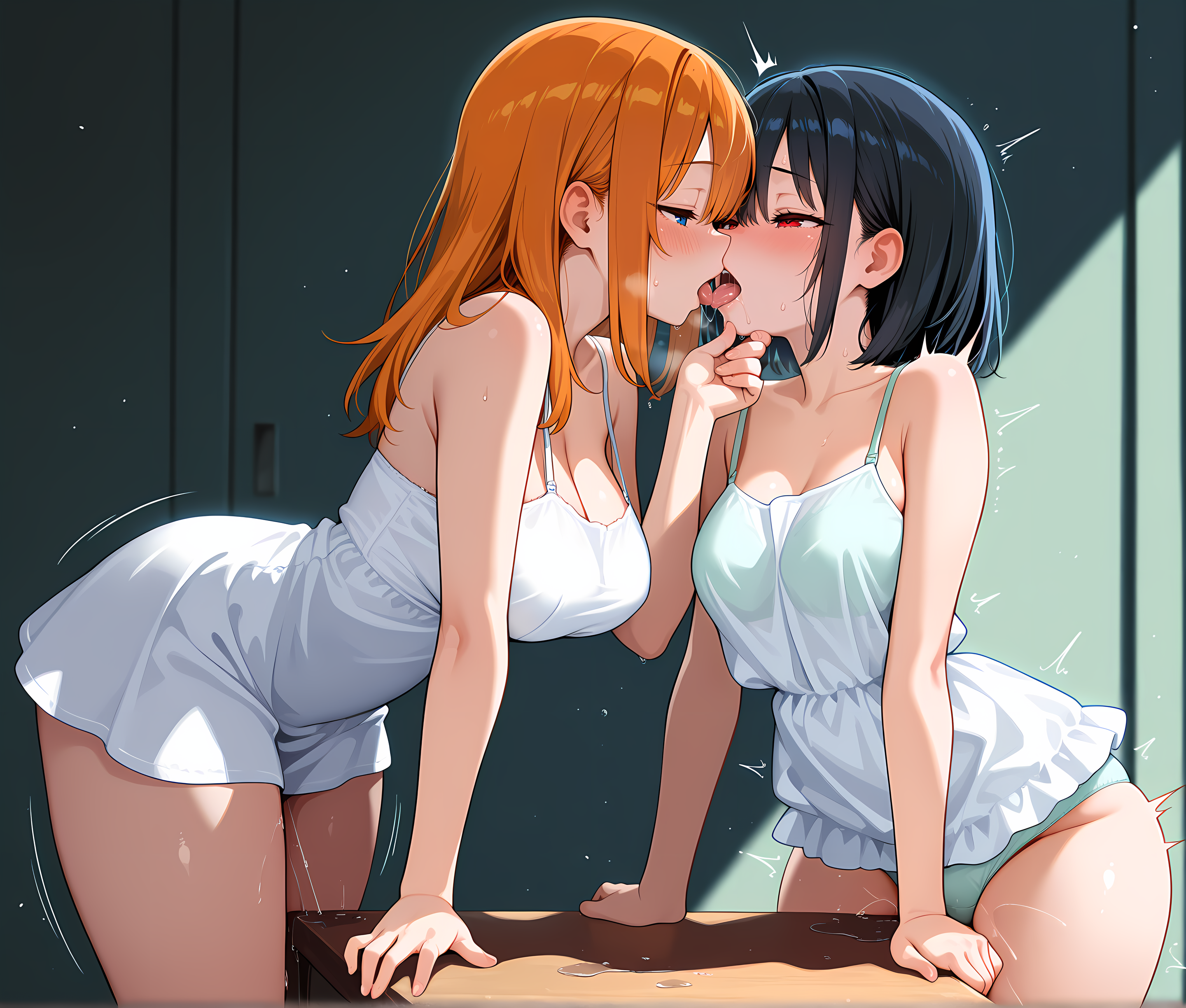 2girls,facing another,looking at another,leaning forward,sundress,watching BREAK <lora:Table_Masturbation:0.9>,tablegrind,arm support,grabbing another's chin,french kiss,tongue,saliva,half-closed eyes,blush,female orgasm,medium breasts,large breasts,busty,thighs,skindentation,panties,bra strap,, masterpiece,best quality,amazing quality, very aesthetic, absurdres,detailed eyes,ultra-detailed,