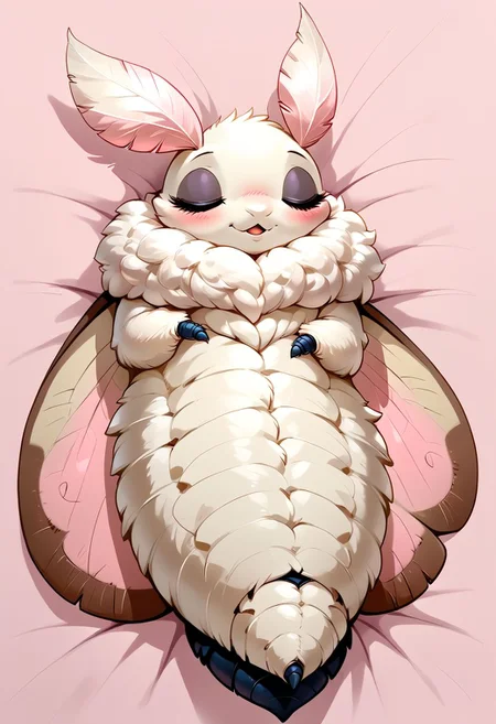 score_9, score_8_up, score_7_up, source_cartoon, solo, adorable Anthropomorphic Moth, sleeping on a leaf, sleeping, (tiny size, sleeping:1.2), blushing, moaning, (naked, white neck fuzz, female, closed moth eyes, moth head, arthropod abdomen, moth traits:1.1), simple pink background, (detailed image, high resolution, 5k resolution:1.0), Expressiveh, (las lindas art style:0.75)