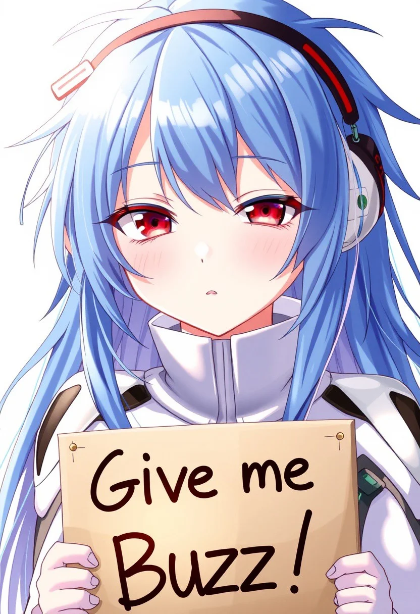 score_4,score_5,score_6,score_7_up,score_8_up,score_9 ((masterpiece,best quality,ultra detailed,highres,HD,4k:1.2)),
1 girl,solo,face focus,
ayanami_rei,rei ayanami, blue hair, ((long hair, Messy Hair:1.2)),red eyes, head gear,
bodysuit, headgear, plugsuit, neon_genesis_evangelion, white bodysuit,
(("Give me Buzz.",Beggars Board,Holding a sign, holding a sign that says, "Give me Buzz."))
wink,closed mouth,blush,Expressionless,