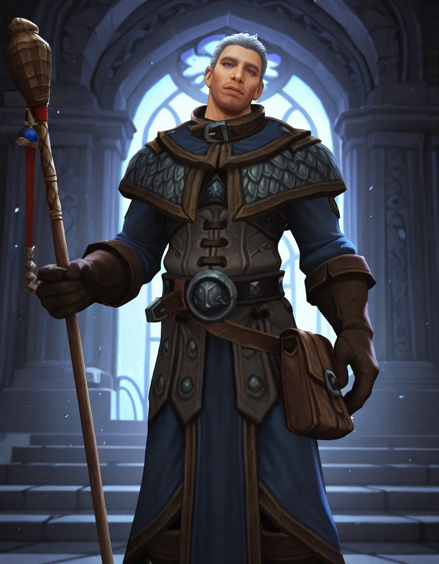 cinematic_depth, 8k, soft_lighting, warm_glow, ultra_high_quality, masterpiece, best quality, newest, perfect quality, intricate details, detailed background, male focus, realistic, solo, <lora:World Of Warcraft - Archmage Khadgar - Illustrious-000006:0.7> wow_khadgar, 1boy, mature male, grey hair, short hair, blue eyes, stubble, robe, brown gloves, belt, satchel, brown boots, head tilt, looking at viewer, head tilt, looking at viewer, holding staff