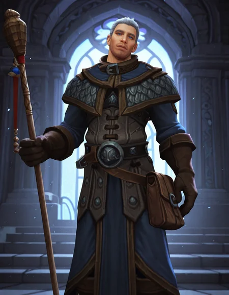 cinematic_depth, 8k, soft_lighting, warm_glow, ultra_high_quality, masterpiece, best quality, newest, perfect quality, intricate details, detailed background, male focus, realistic, solo, <lora:World Of Warcraft - Archmage Khadgar - Illustrious-000006:0.7> wow_khadgar, 1boy, mature male, grey hair, short hair, blue eyes, stubble, robe, brown gloves, belt, satchel, brown boots, head tilt, looking at viewer, head tilt, looking at viewer, holding staff